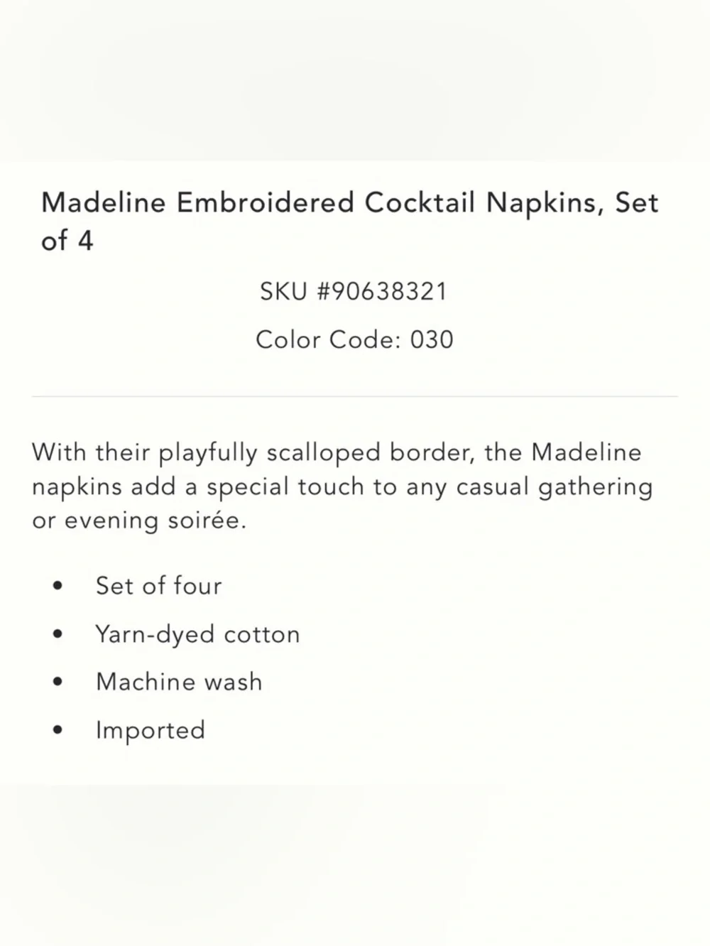 Anthropologie Madeline Embroidered Cocktail Napkins, Set of 4 in Neutral NEW